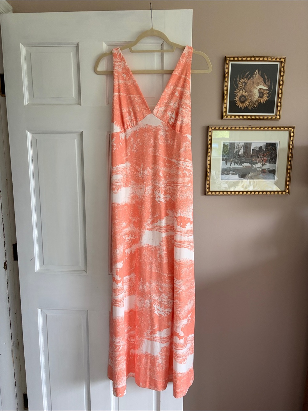 Vintage Toile Print 70’s V-Neck Maxi Dress